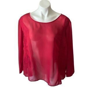 Donna Moore Red Sheer Scoop Neck Peasant Blouse With Lace Trim Plus Size